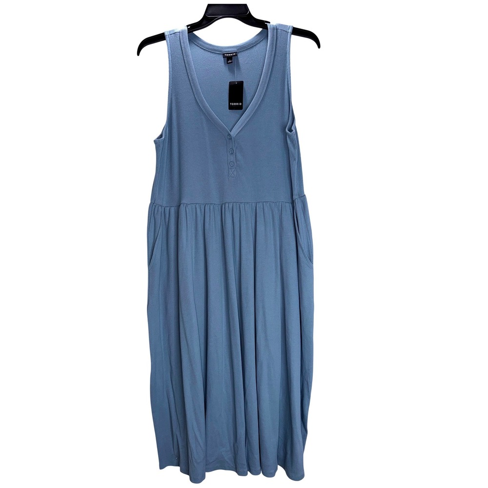 Torrid Blue Ribbed Henley Dress Womens Plus Size 2 Sleeveless Pockets New